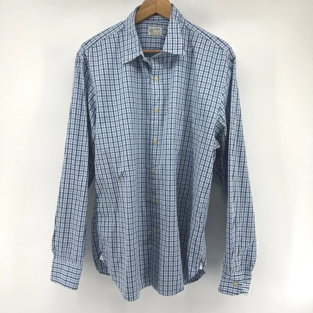 J. Crew Men's Blue Gingham‎ Check Button Down Shirt X Large 2 Ply Cotton